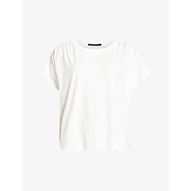 Allsaints Womens Chalk White Natalie Gathered-shoulder Relaxed-fit Stretch-jersey T-shirt