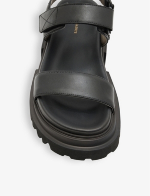 Shop Allsaints Women's Black Rory Brand-patch Flat Leather Sandals