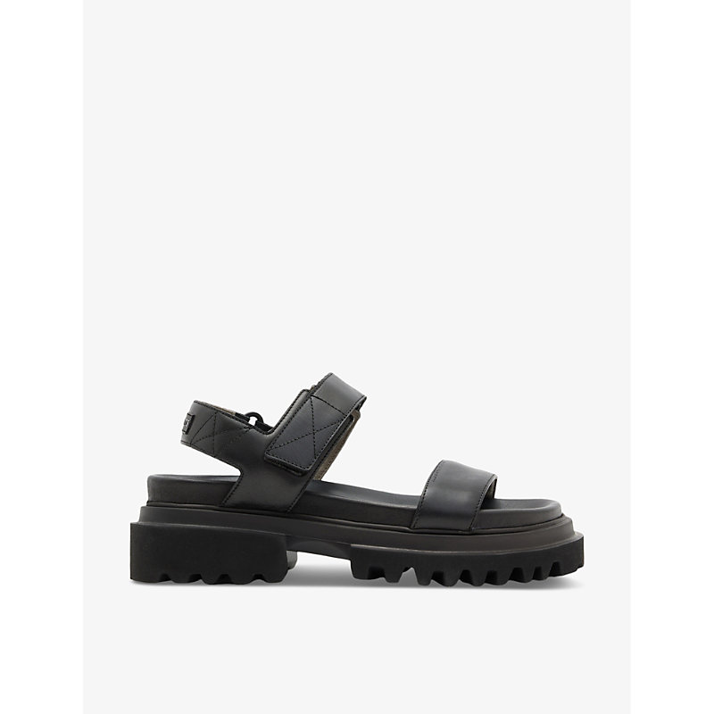 Allsaints Womens Black Rory Brand-patch Flat Leather Sandals