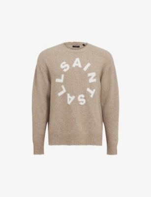 Shop Allsaints Men's Taupe Marl Tiago Logo-motif Relaxed-fit Knitted Jumper