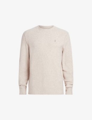 ALLSAINTS ALLSAINTS MEN'S OATMEAL WHITE STATTEN CREW-NECK LOGO-EMBROIDERED STRETCH-KNIT JUMPER