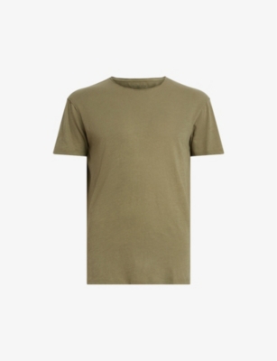 Shop Allsaints Men's Avo Green Figure Raw-edge Regular-fit Organic-cotton T-shirt