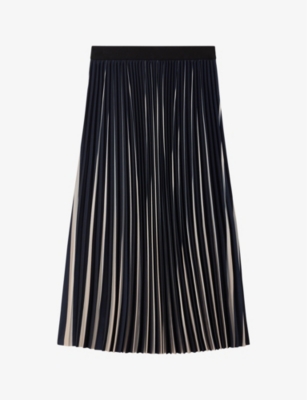 Reiss Saige Stripe-pattern Pleated Woven Midi Skirt In Navy/cream