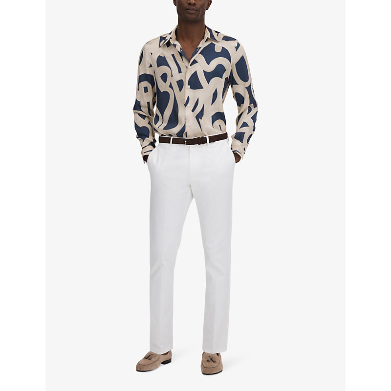 Shop Reiss Men's Navy/ecru Jude Graphic-print Slim-fit Woven Shirt