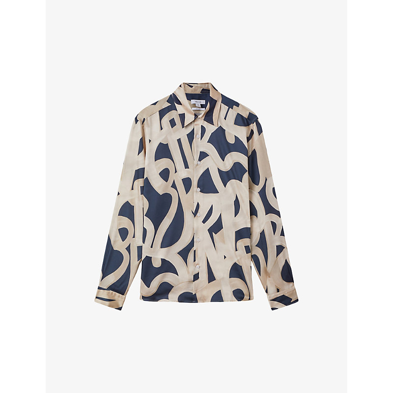 Shop Reiss Jude Graphic-print Slim-fit Woven Shirt In Navy/ecru