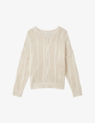Reiss Ivory Tanya Cotton Blend Open Stitch Crew Neck Jumper In Ivory
