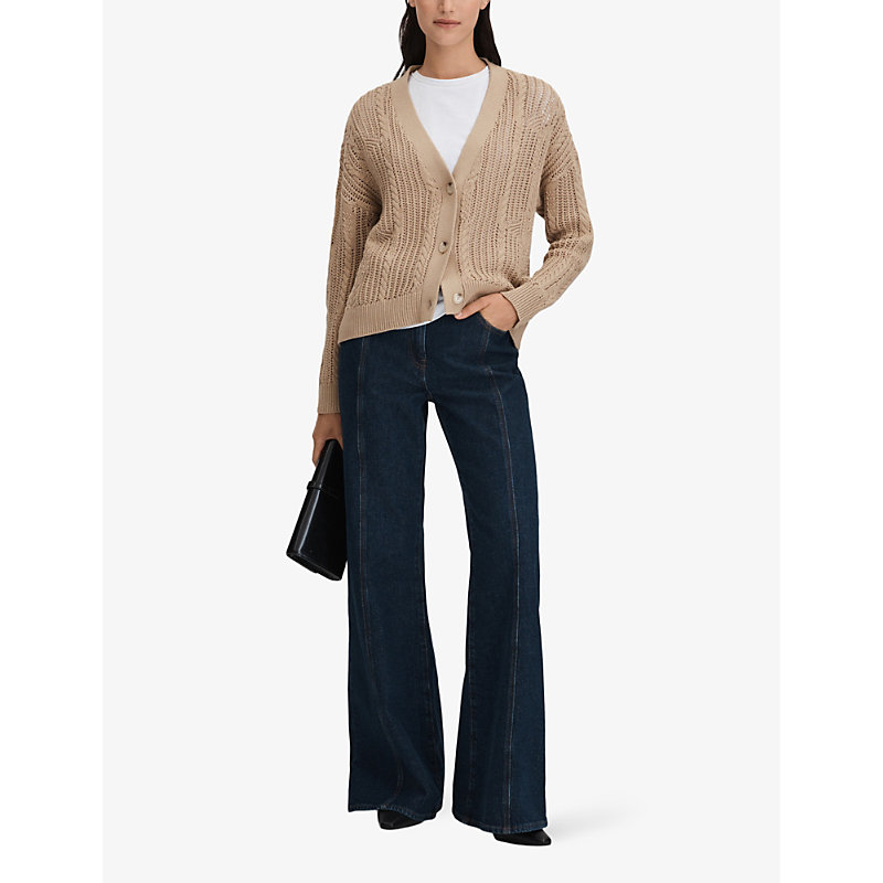 Shop Reiss Womens Neutral Tiffany Open-stitch Stretch Cotton-blend Cardigan