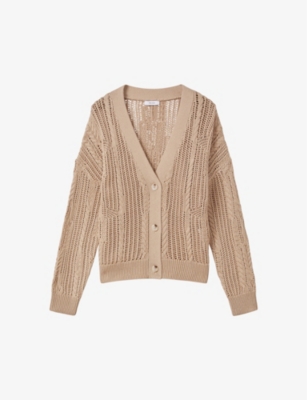 Shop Reiss Tiffany Open-stitch Stretch Cotton-blend Cardigan In Neutral