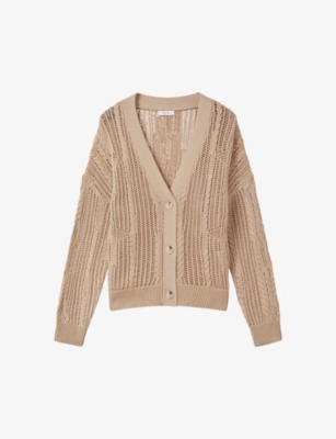 Reiss Neutral Cotton Blend Open Stitch Cardigan In Neutral