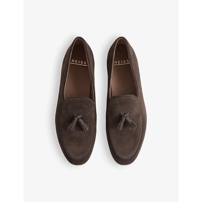 Shop Reiss Men's Dark Brown Harry Tassel-trim Slip-on Suede Loafers