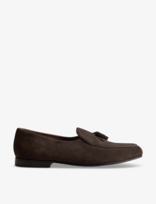 Shop Reiss Men's Dark Brown Harry Tassel-trim Slip-on Suede Loafers