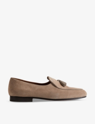 Reiss Mens Taupe Harry Tassel-trim Slip-on Suede Loafers