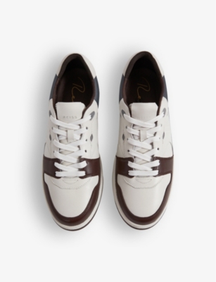 Shop Reiss Men's Brown Astor Logo-embossed Low-top Leather Trainers