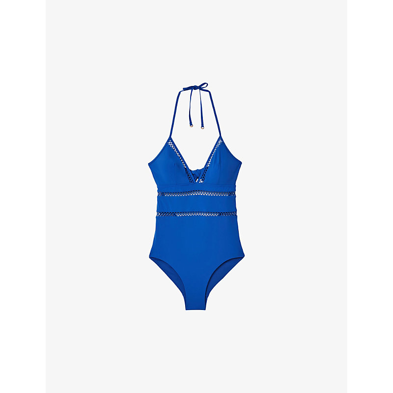 Shop Reiss Gia Halter-neck Lattice-trim Swimsuit In Cobalt Blue