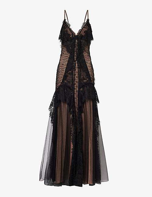 ALBERTA FERRETTI: Floral-patterned slim-fit lace maxi dress