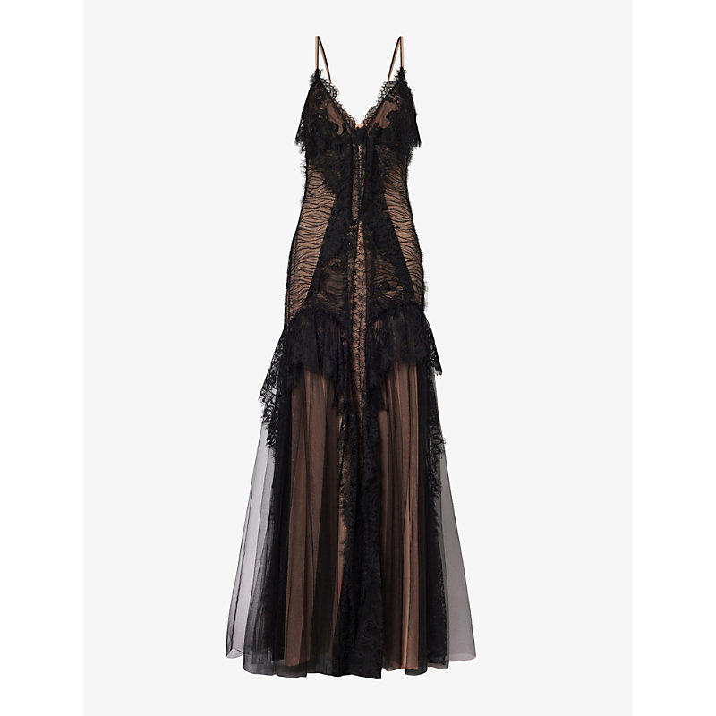 Alberta Ferretti Womens Black Floral-patterned Slim-fit Lace Maxi Dress