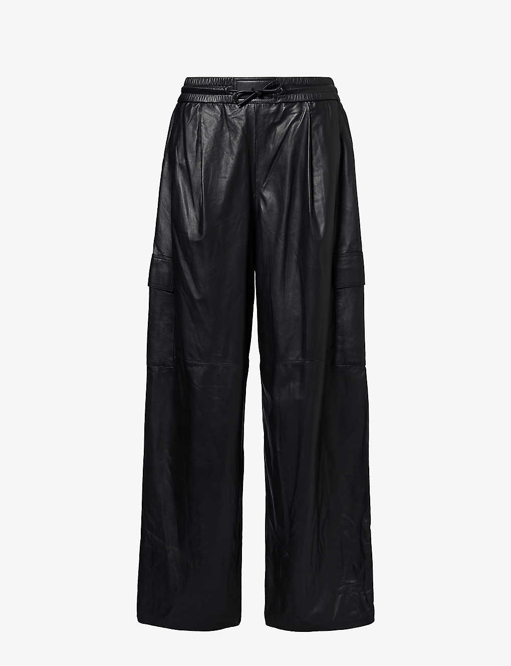 Shop Yves Salomon Women's Black Wide-leg Mid-rise Relaxed-fit Leather Cargo Trousers