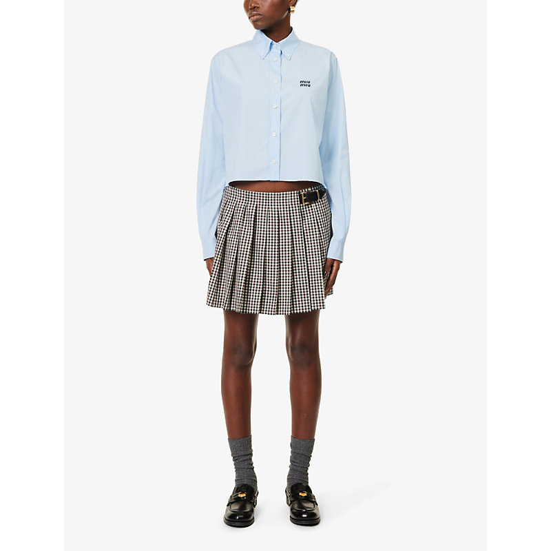 Shop Miu Miu Pleated Gingham-check Virgin-wool Mini Skirt In Bordeaux