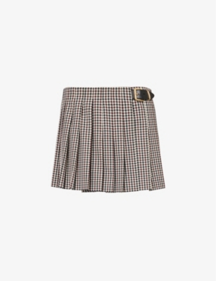 MIU MIU: Pleated gingham-check virgin-wool mini skirt