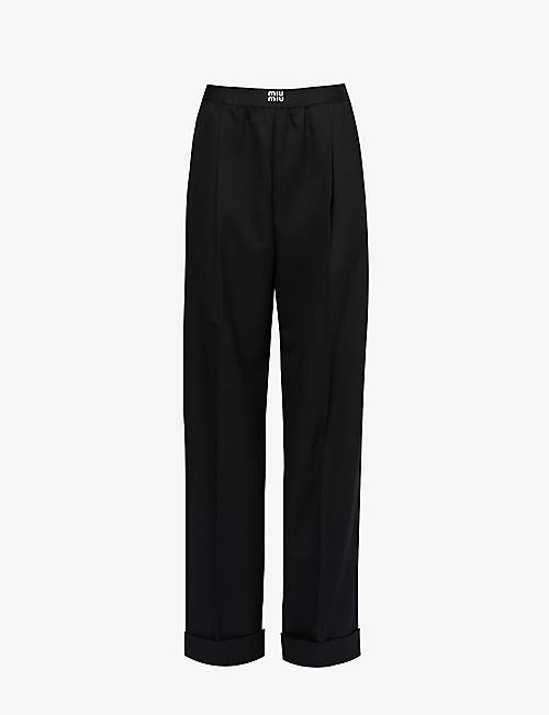 MIU MIU: Branded-waistband pressed-crease regular-fit wide-leg high-rise stretch-wool trousers