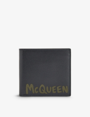 Alexander Mcqueen Black Khaki Graffiti-print Leather Billfold Wallet