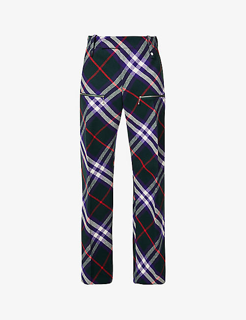 BURBERRY: Casual check-pattern relaxed-fit wide-leg wool trousers