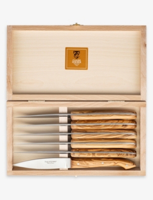 CLAUDE DOZORME: Box 6 Steak Knives Olive Wood