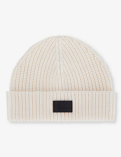 THE KOOPLES: Leather-patch upturned-rim ribbed wool beanie hat