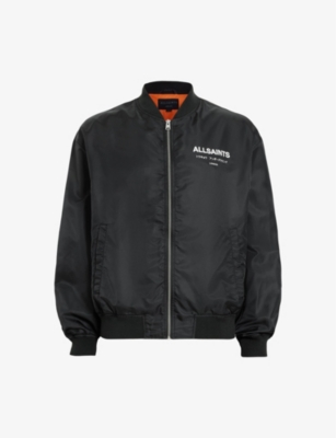 Shop Allsaints Underground Logo-print Woven Bomber Jacket In Black