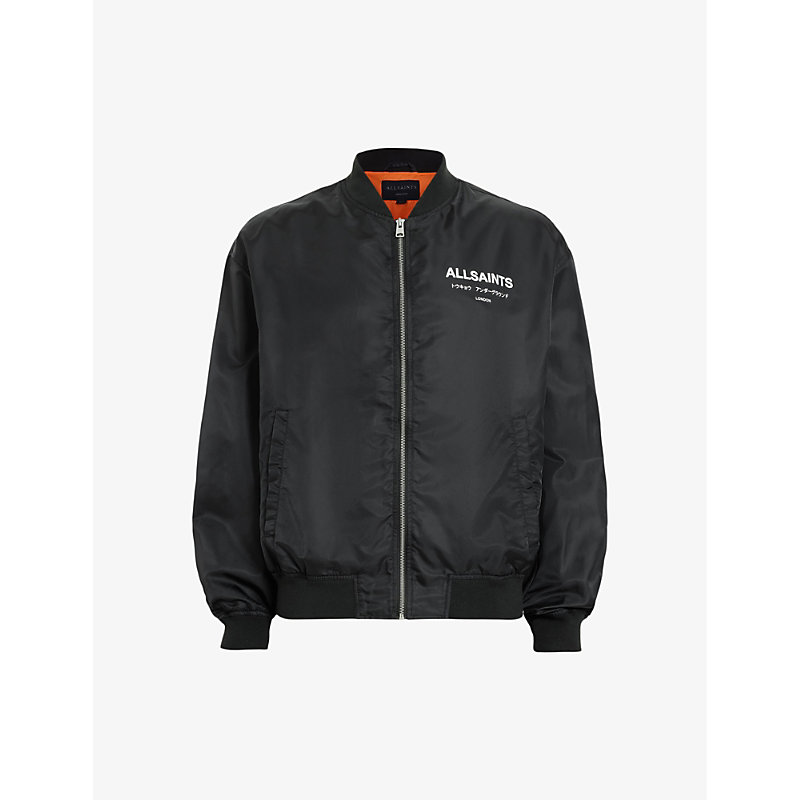 Shop Allsaints Underground Logo-print Woven Bomber Jacket In Black