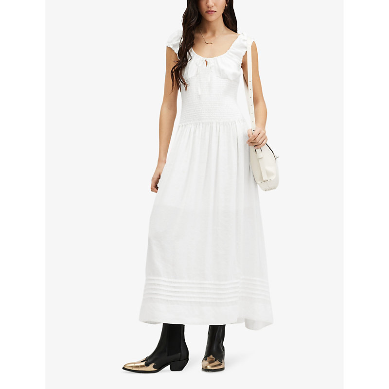 Shop Allsaints Women's Chalk White Eliza Gathered Woven Midi Dress
