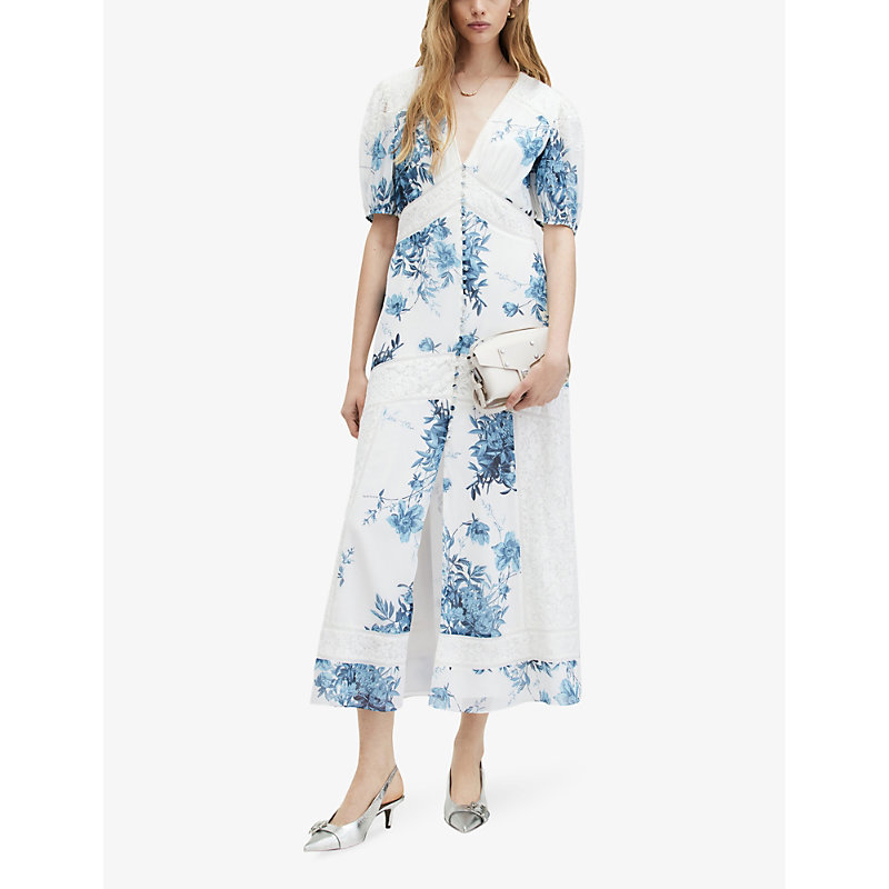 Shop Allsaints Dinah Floral-print Recycled-polyester Maxi Dress In Denim Blue