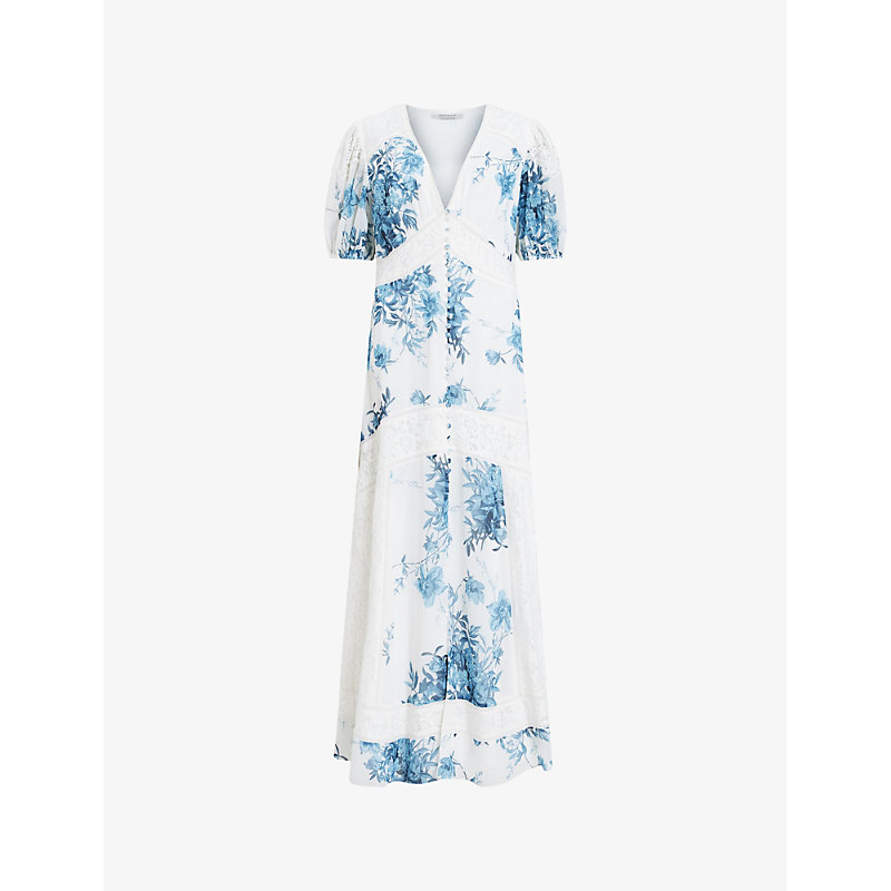 Shop Allsaints Dinah Floral-print Recycled-polyester Maxi Dress In Denim Blue