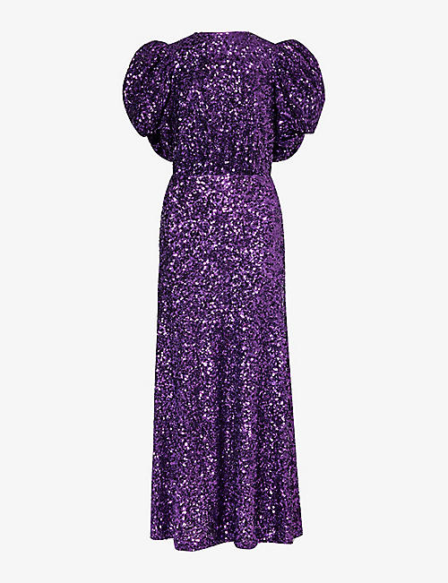 ROTATE BIRGER CHRISTENSEN: Puffed-sleeve open-back sequin embellished recycled-polyester midi dress