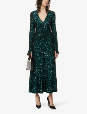 Shop Rotate Birger Christensen Womens Sea Moss Sequin-embellished V-neck Stretch-recycled-polyester Midi
