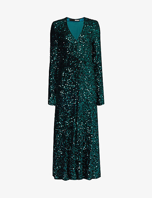 ROTATE BIRGER CHRISTENSEN: Sequin-embellished V-neck stretch-recycled-polyester midi dress