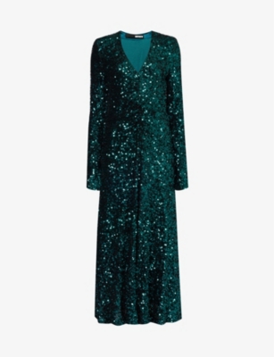 Shop Rotate Birger Christensen Women's Sea Moss Sequin-embellished V-neck Stretch-recycled-polyester Midi