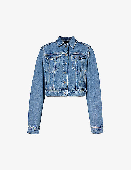 ROTATE SUNDAY: Brand-embroidered mid-wash recycled denim jacket