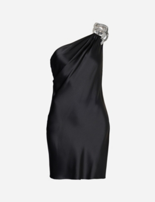 Stella Mccartney Falabella Crystal Chain Double Satin One-shoulder Mini Dress In Black