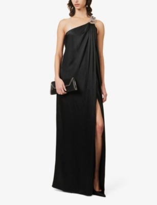 Shop Stella Mccartney Women's Black Falabella Chain-embellished Satin Maxi Dress