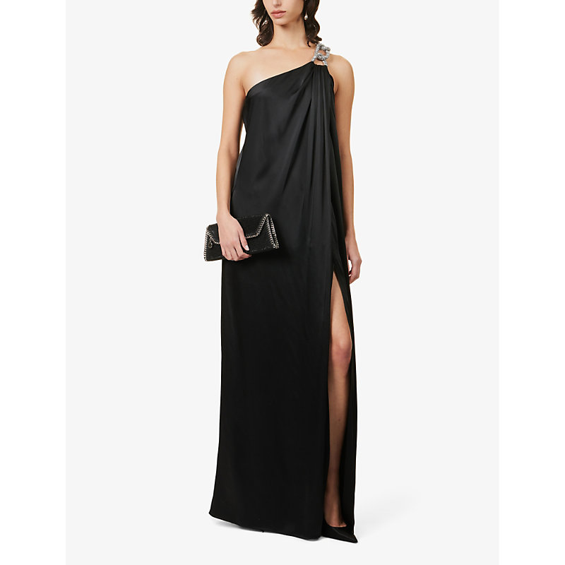 Shop Stella Mccartney Falabella Chain-embellished Satin Maxi Dress In Black