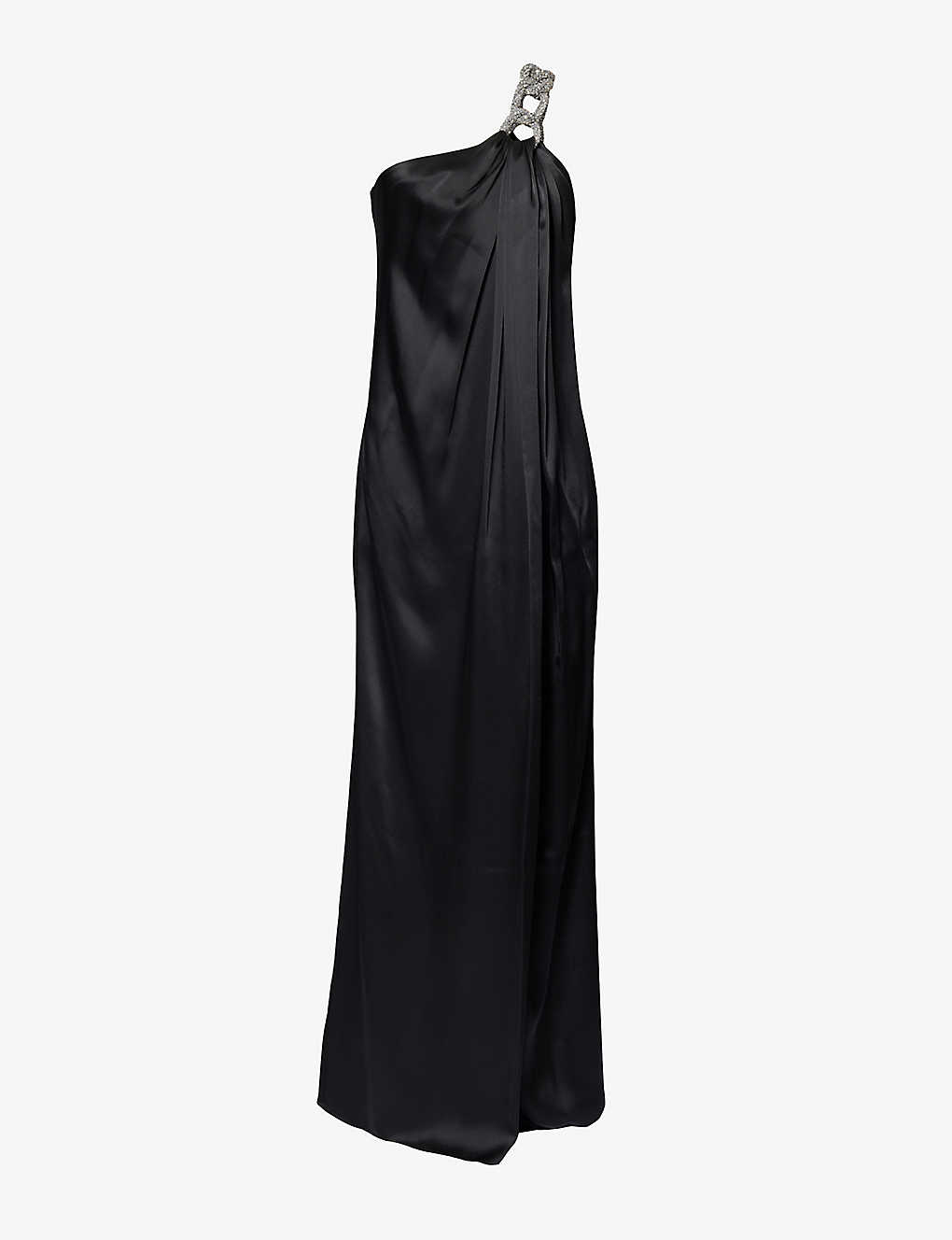 Shop Stella Mccartney Womens Black Falabella Chain-embellished Satin Maxi Dress