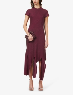 Shop Stella Mccartney Women's Burgundy Metallic Split-hem Knitted Midi Dress