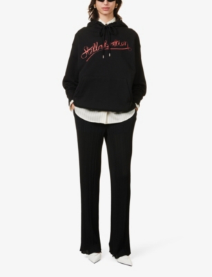 Shop Stella Mccartney Women's Black Ruffle-trim Elasticated-waist Straight-leg Mid-rise Knitted Trousers