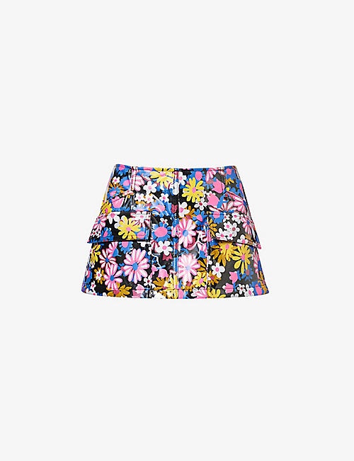 ERL: Floral-pattern mid-rise denim mini skirt