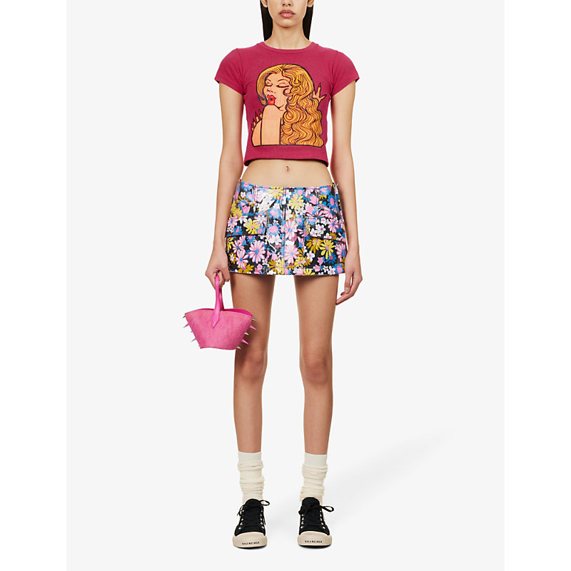 Shop Erl Cropped Graphic-print Cotton T-shirt In Pink