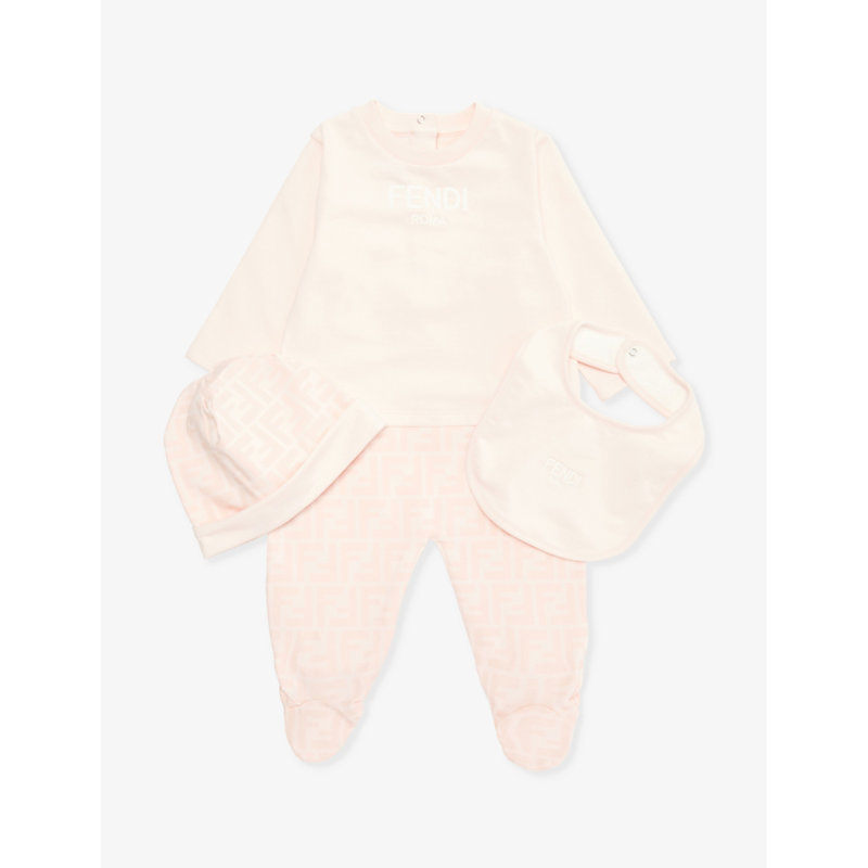 Shop Fendi Rosa Baby Brand-embroidered Long-sleeved Three-piece Stretch-cotton Set 1-9 Months