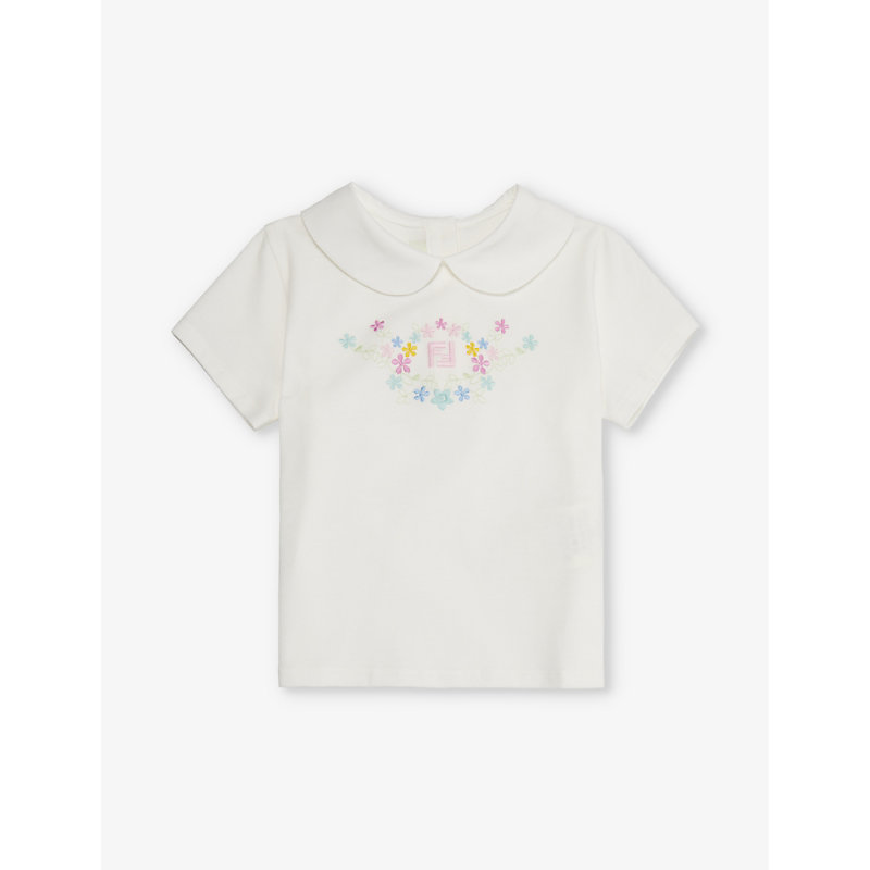Shop Fendi Floral-embroidered Stretch-cotton T-shirt 9-24 Months In Gesso