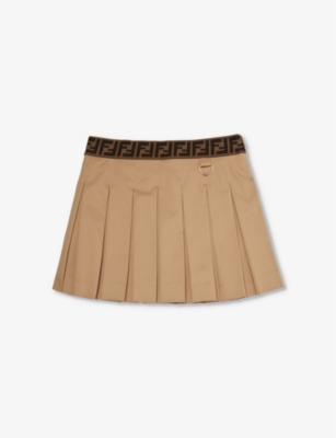 Shop Fendi Branded-waistband Pleated Cotton Skirt 8-12 Years In Trench