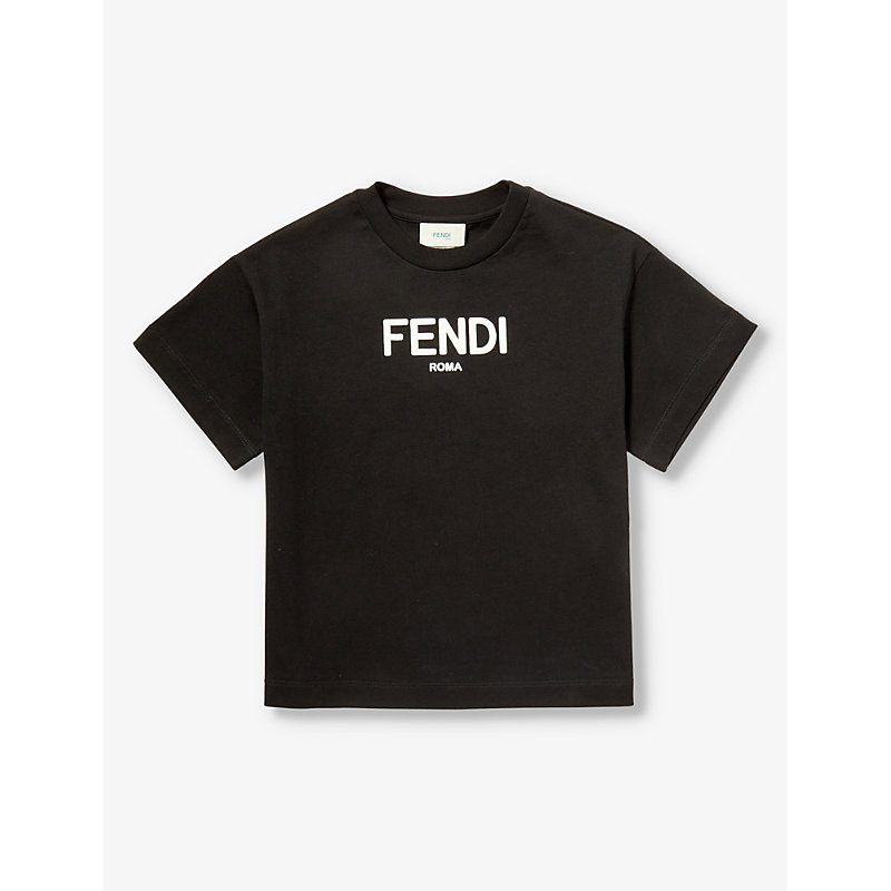 Fendi Boys Black Kids Logo-print Crewneck Cotton-jersey T-shirt 4-12 Years In Black/white